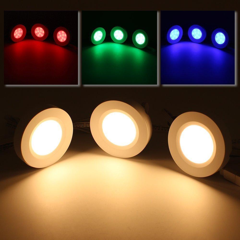 TORCHSTAR Set of 3 Multicolor LED Under Cabinet Lighting Kit, UL-Listed Power Adapter, Surface and Recessed Mount LED Puck Lights, IR Remote Control, Warm White