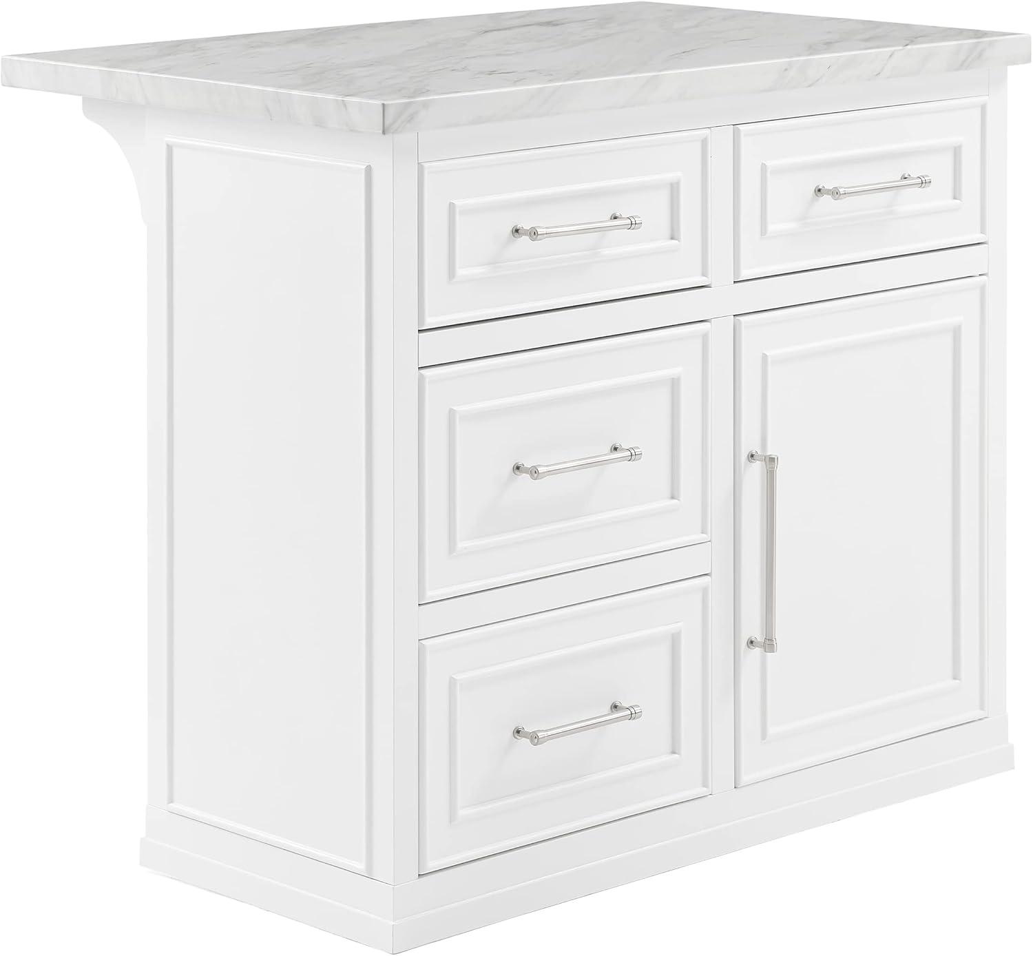 Crosley Cutler Faux Marble Top Kitchen Island White/White Marble: Traditional Style Cart with Adjustable Shelves, Storage