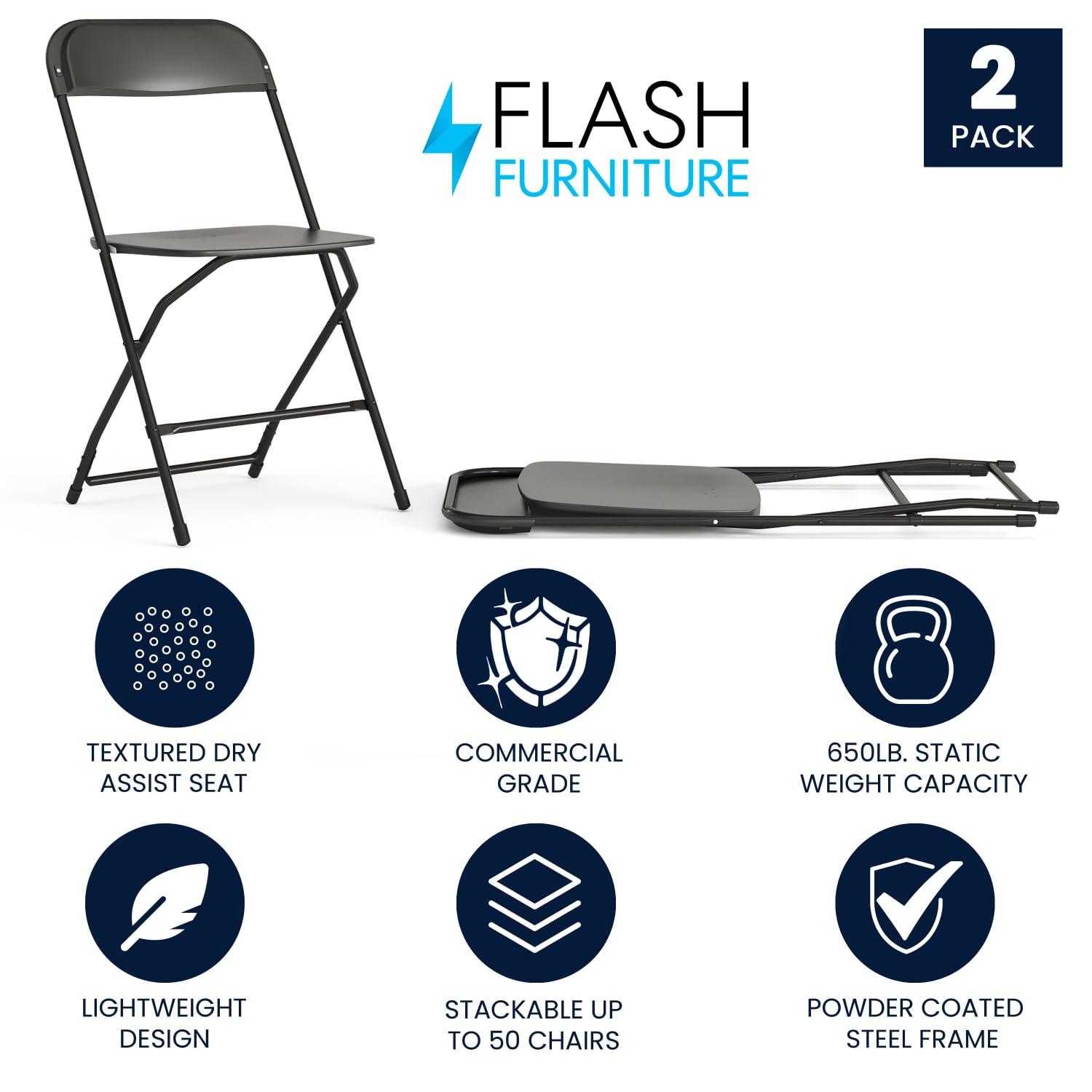 Flash Furniture Hercules Series Plastic Folding Chair Black - 2 Pack 650LB Weight Capacity Comfortable Event Chair-Lightweight Folding Chair