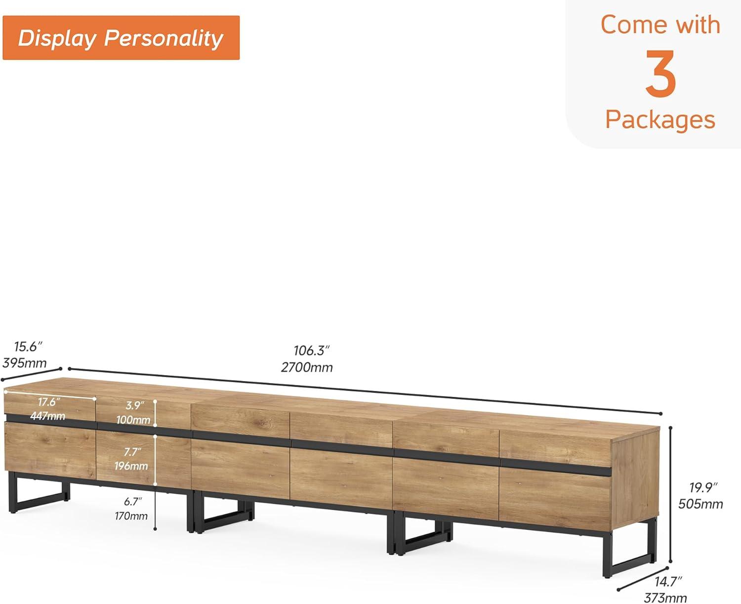 Modern Oak TV Stand with Storage Cabinets and Metal Base