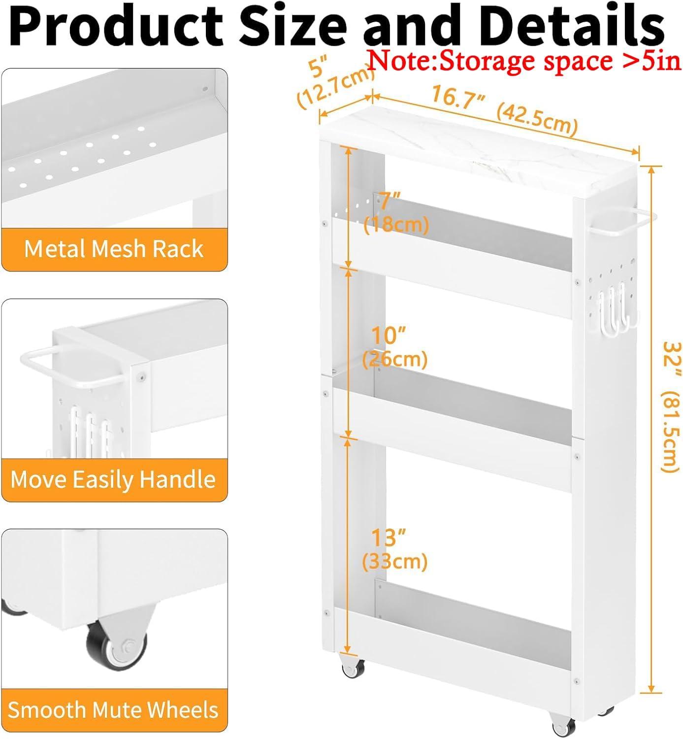 Slim Storage Cart, 5 in Width, 4-Tier White Rolling Cart with Handle & Wooden Top for Kitchen Bathroom Laundry Narrow Places