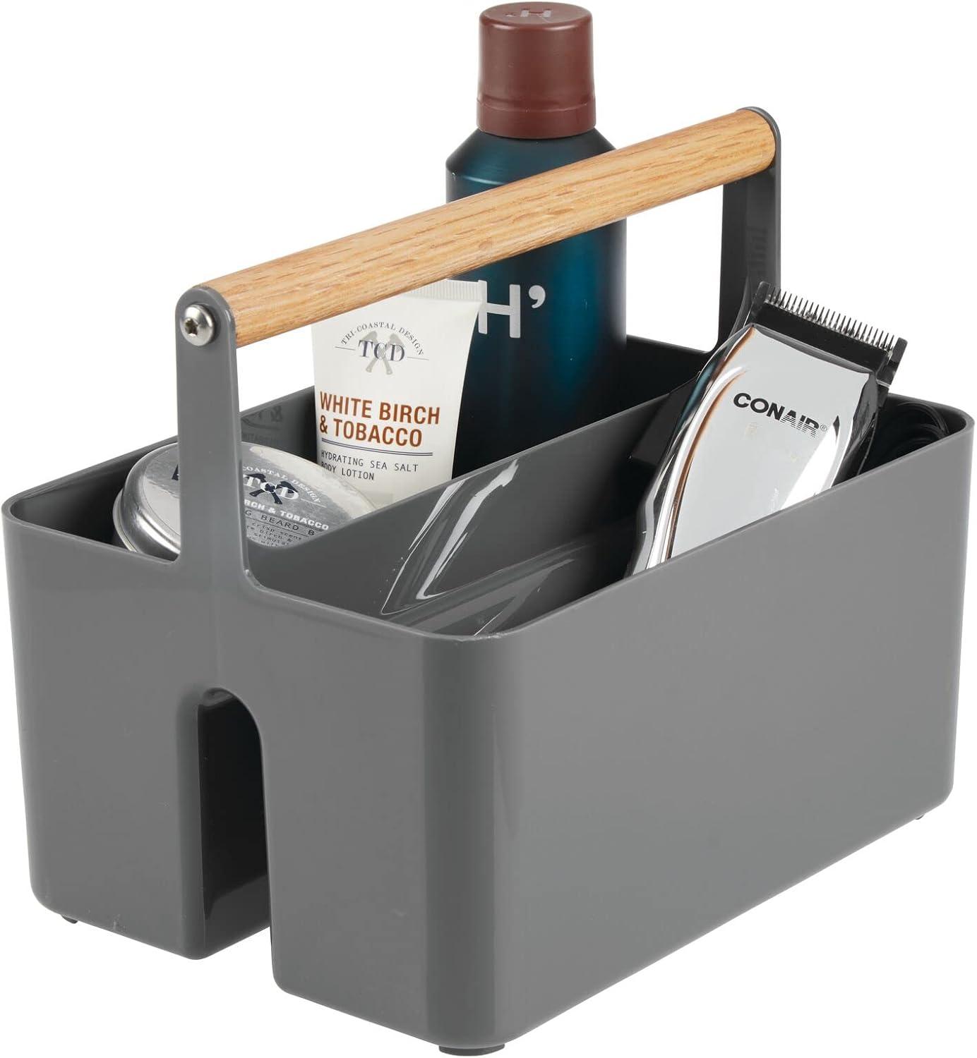 mDesign Plastic Portable Shower Caddy Divided Basket Bin Storage Organizer with Bamboo Handle for Bathroom, Dorm, Shelf & Cabinet Holds Shampoo, Conditioner - Aura Collection, Charcoal Gray/Natural