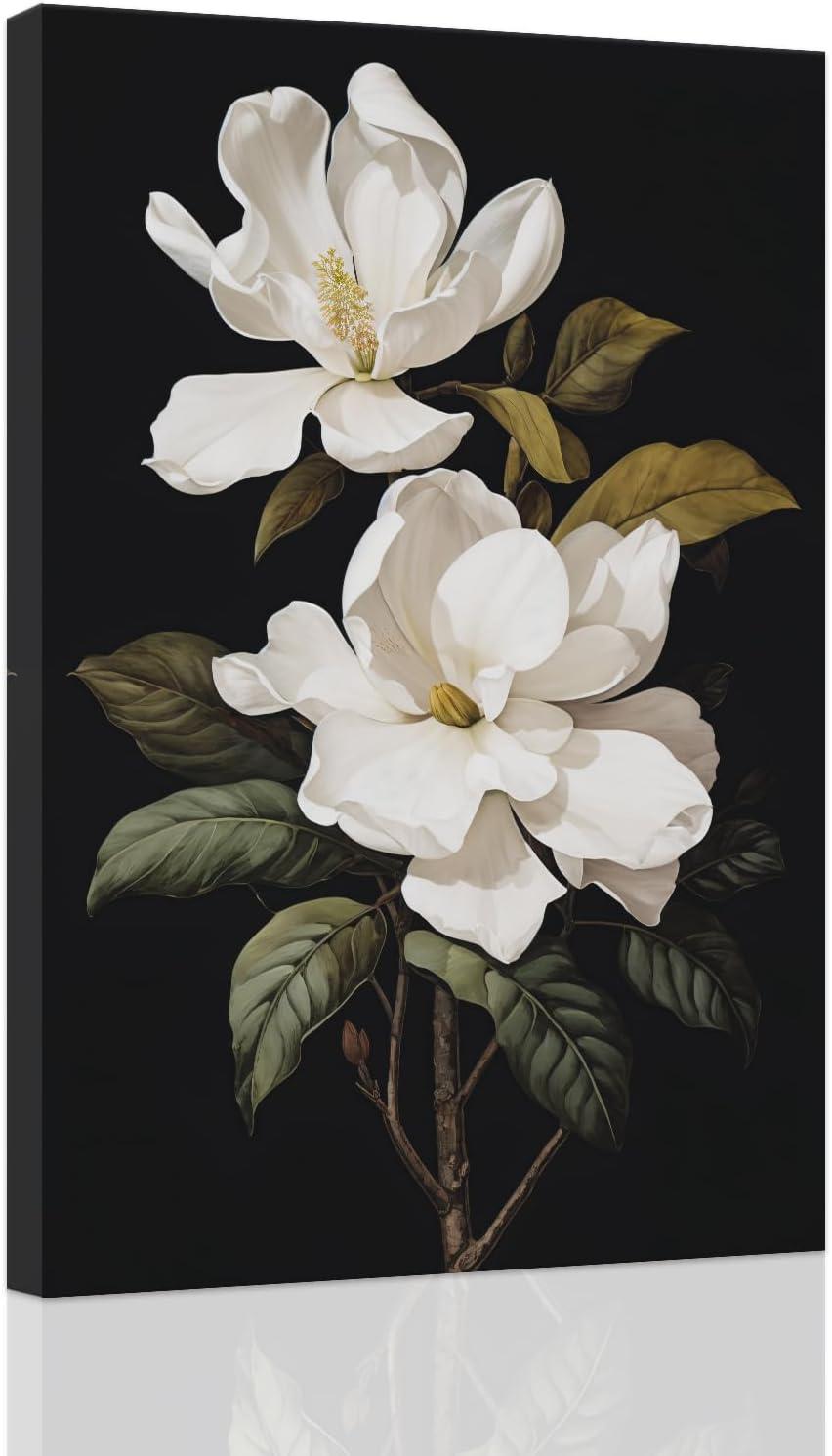 White Magnolia Floral Canvas Art with Solid Wood Frame