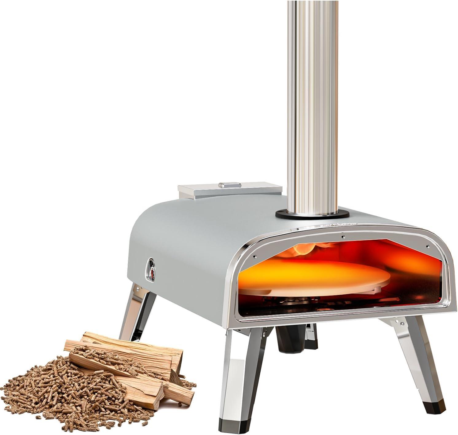 Pizza Oven Outdoor 12" Wood Fired Pizza Ovens Pellet Pizza Stove for Outside, Portable Stainless Steel Pizza Oven for Backyard Pizza Maker Portable Mobile Outdoor Kitchen (Swivel Grey)