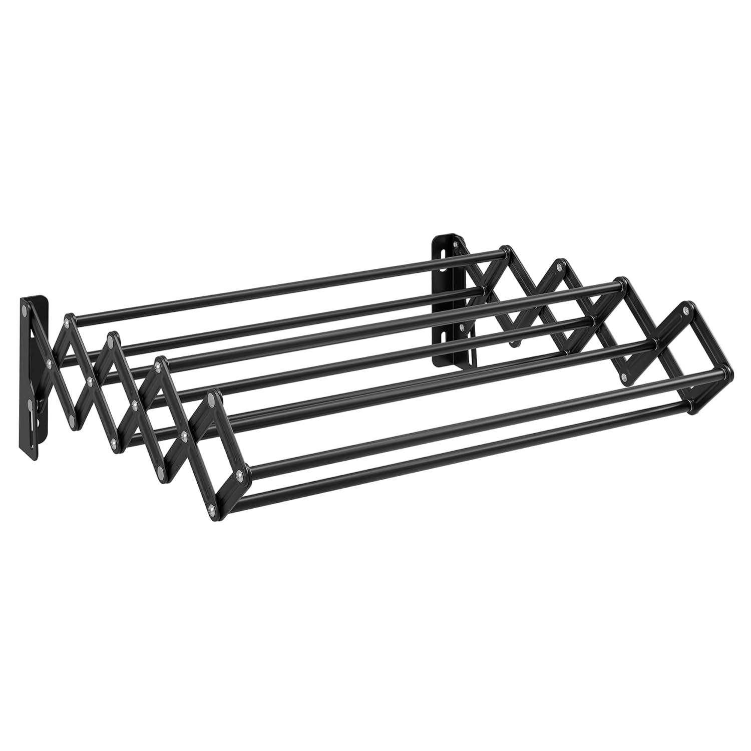 SONGMICS Clothes Drying Rack, Wall-Mounted Drying Rack Clothing, Small Accordion Laundry Rack, 9 Staggered Hanging Rods, Expandable and Retractable, Ink Black ULLR802B01