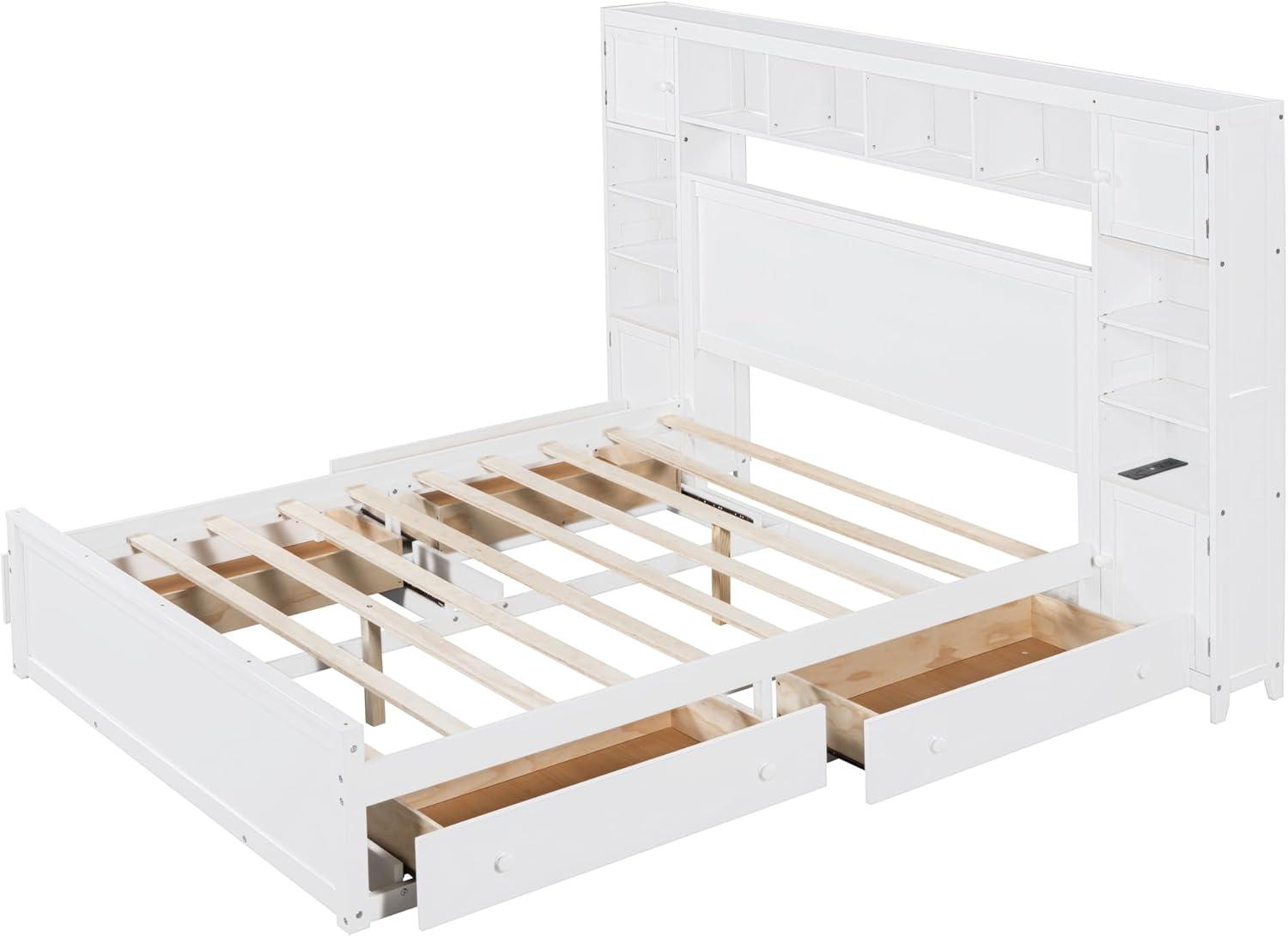 Merax Queen Size Platform Bed with 4 Drawers, Wooden Queen Bed with All-in-One Cabinet, Shelf and Sockets, White