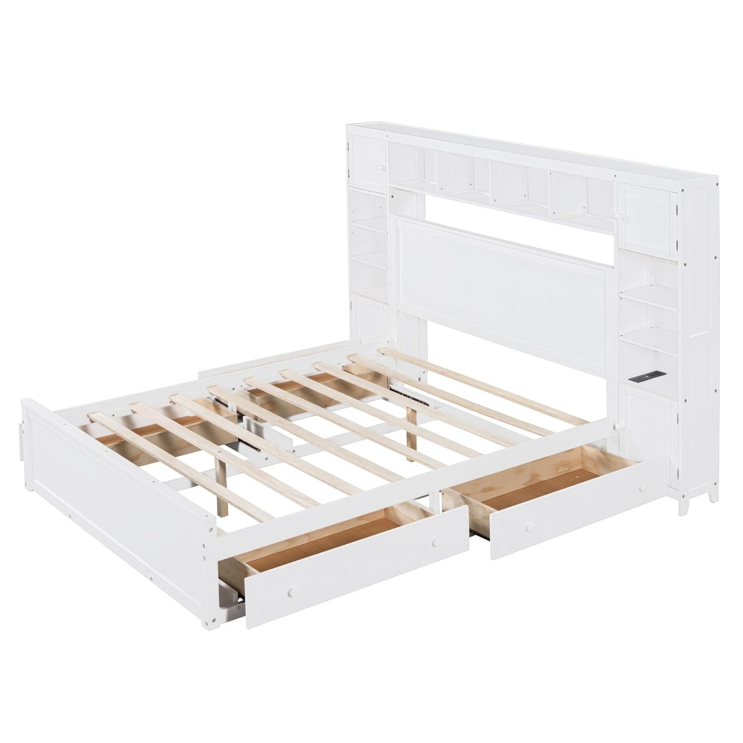 Merax Queen Size Platform Bed with 4 Drawers, Wooden Queen Bed with All-in-One Cabinet, Shelf and Sockets, White