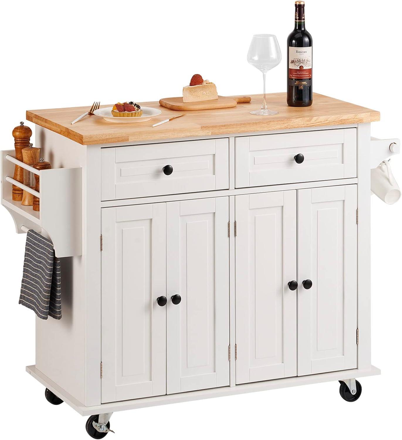 White Rubberwood Drop Leaf Kitchen Cart with Spice Rack