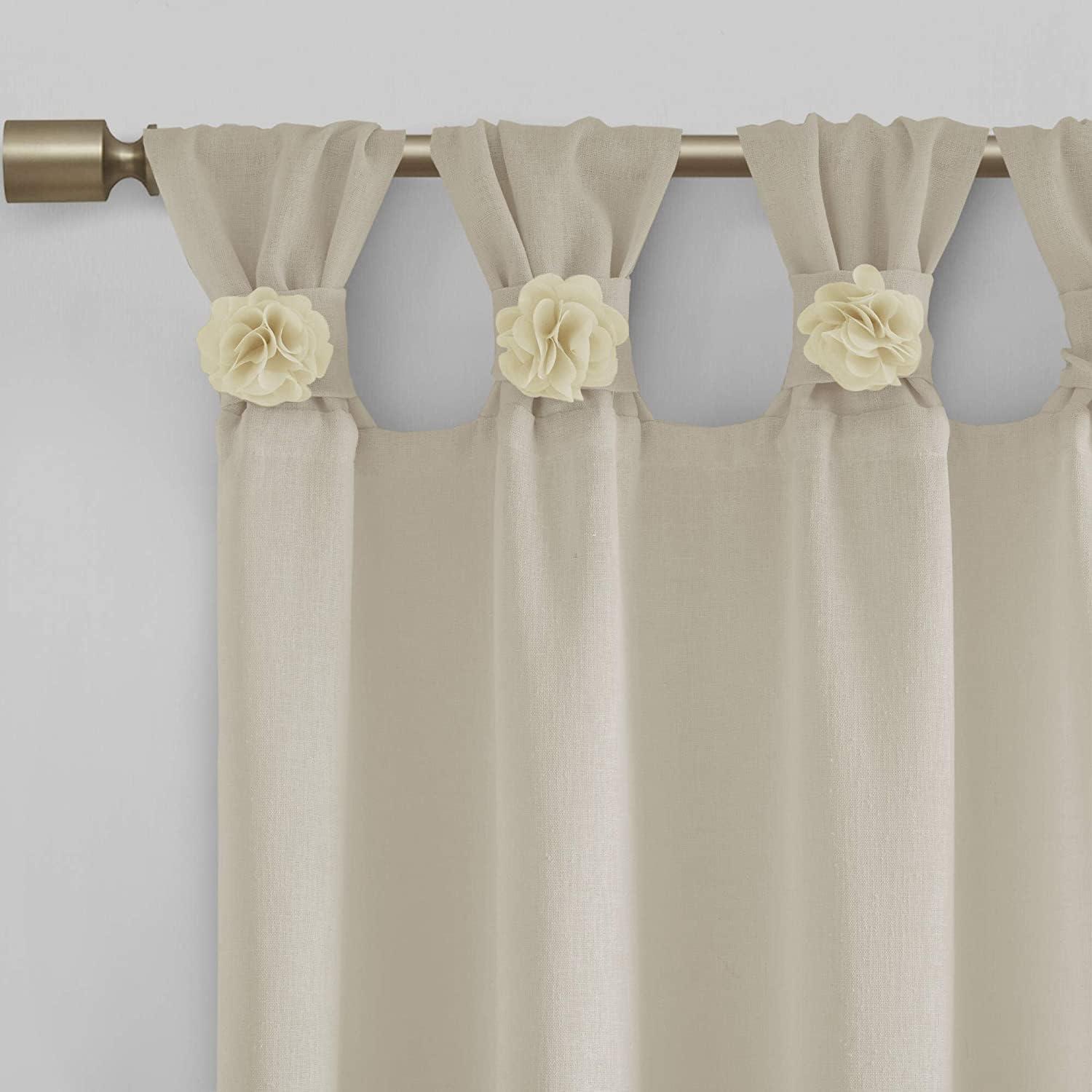 Rosette Floral Embellished Cuff Tab Top Solid Curtain Panel