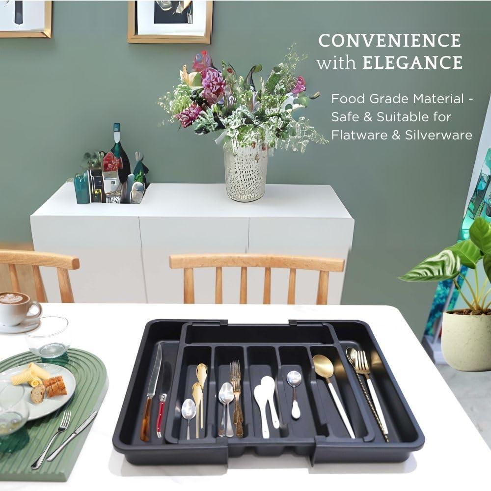 Charext Expandable Silverware Drawer Organizer with Large Capacity, Non-Slip Silicone Pads Flatware Divider, Easy to Clean, Elegant Design Reduces Slippage, Fits Any Kitchen or Home Style