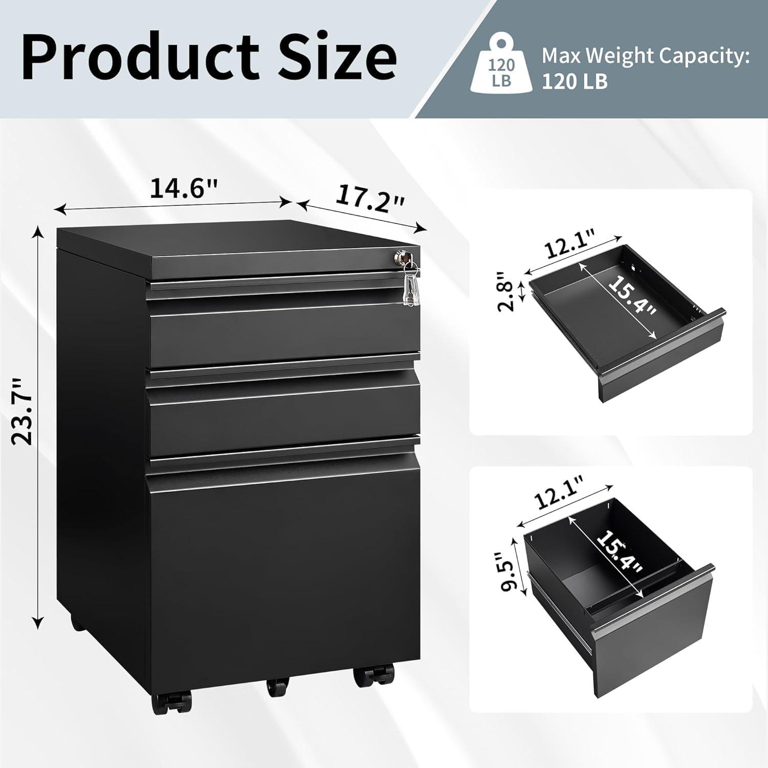 Mobile File Cabinet Under Desk, 3 Drawers Metal File Cabinet with Wheels, Rolling Filing Cabinets with Lock for Home Office Letter/Legal/A4