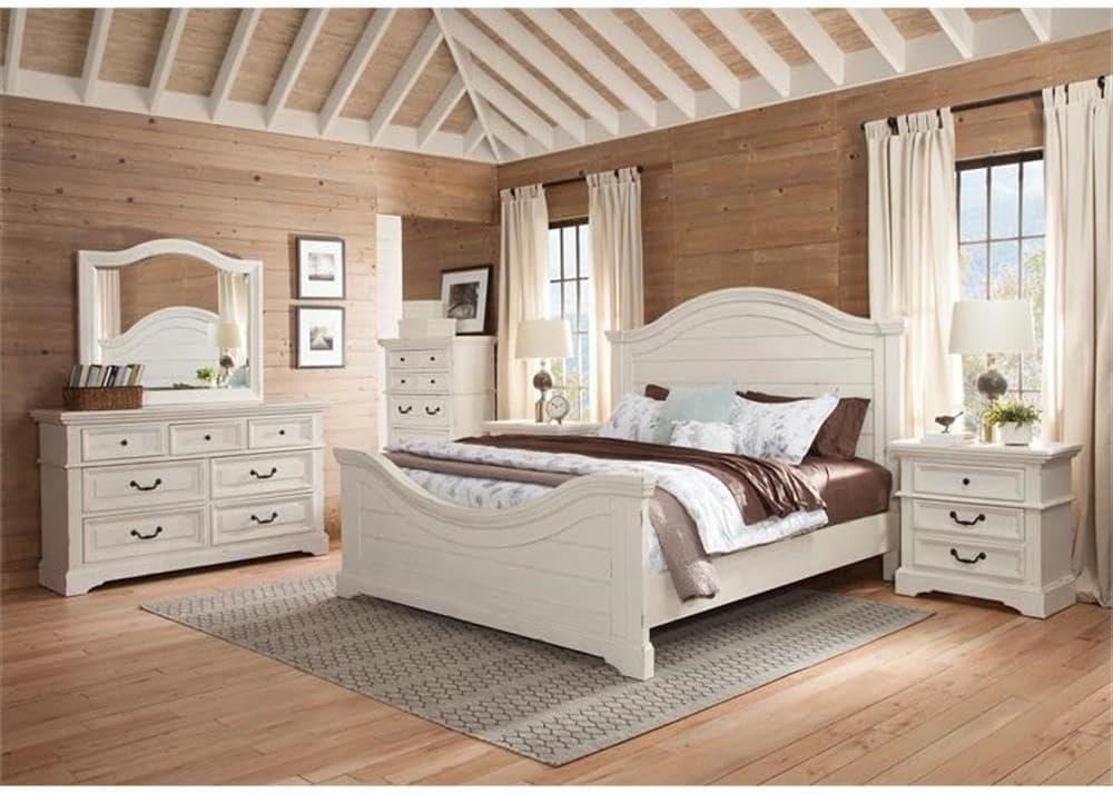 American Woodcrafters Stonebrook Antique White Wood King Panel Bed