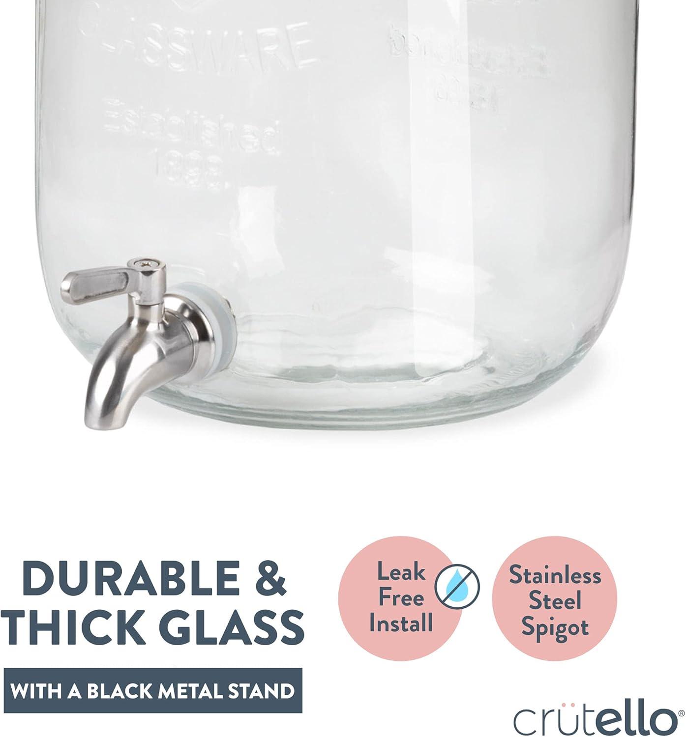 Crutello Outdoor Glass Beverage Dispenser with Stainless Steel Spigot & Ice Cylinder - 2 Gallon Drink Dispenser for Tea, Lemonade, Cold Water & More - A Family-Owned American Brand