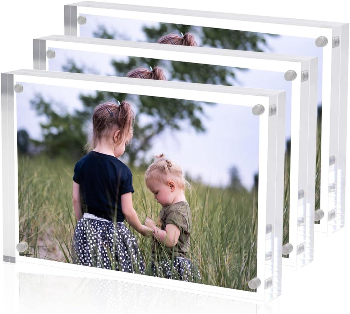 Acrylic 4x6 Picture Frames 3 Pack, Clear Photo Display Magnetic Photo Picture Frames 6 x 4 for Family. Pets, Friends Warming Pictures, Picture Frames for Office, Home, School, 10 + 10MM Thickness