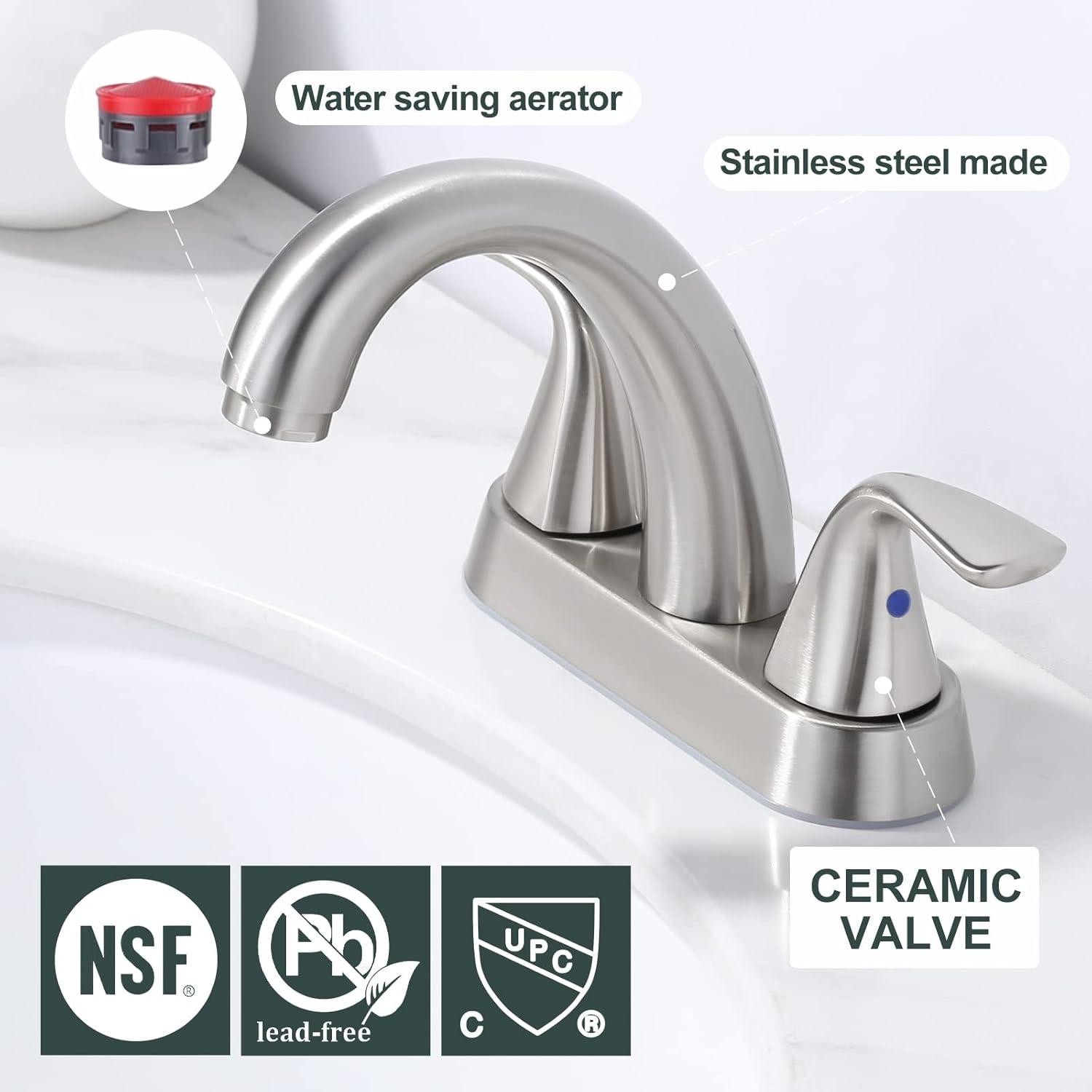 Brushed Nickel Double Handle High Arc Bathroom Faucet with Pop-Up Drain