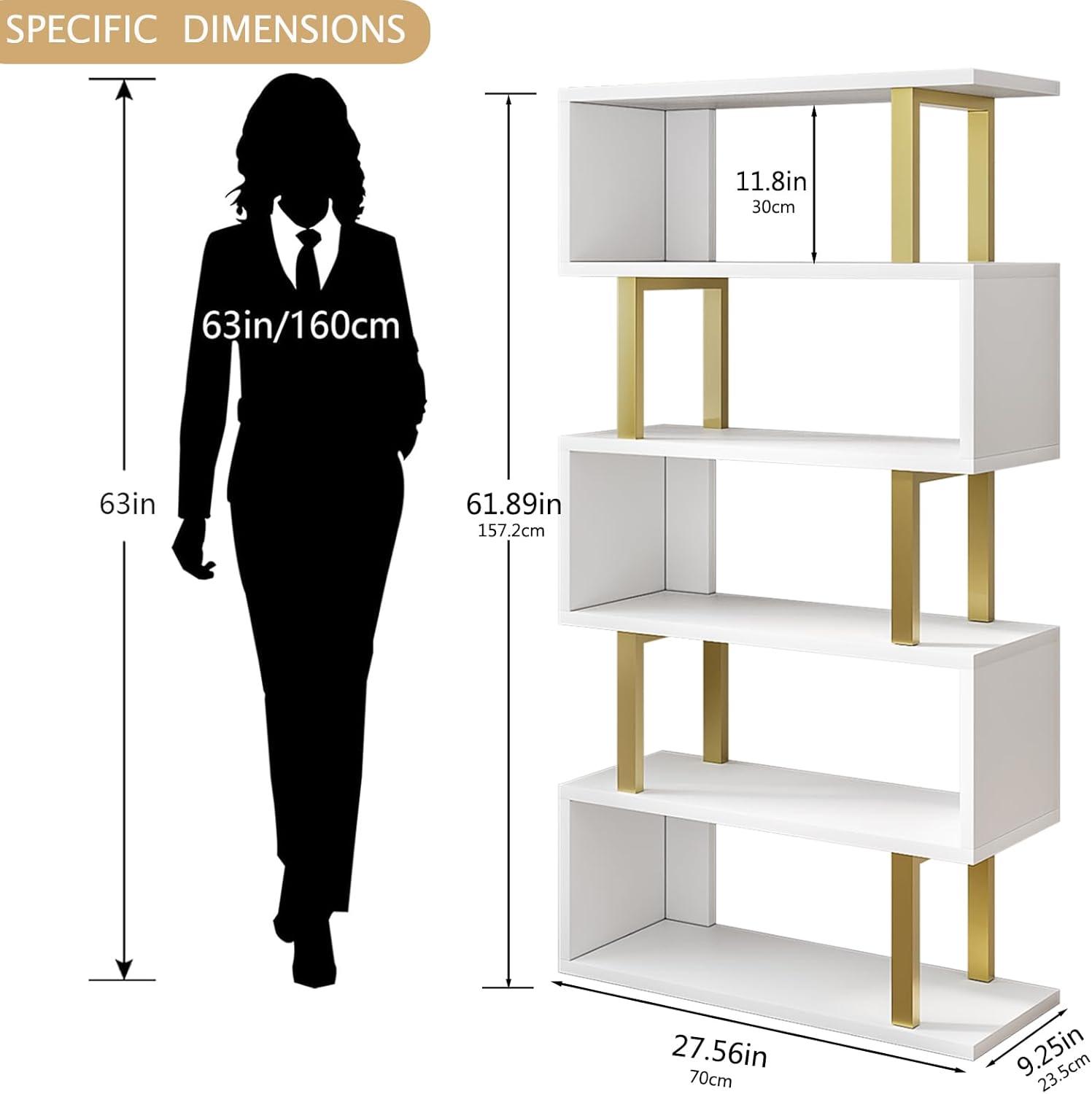 White S-Shaped 5-Tier Geometric Bookcase with Gold Accents