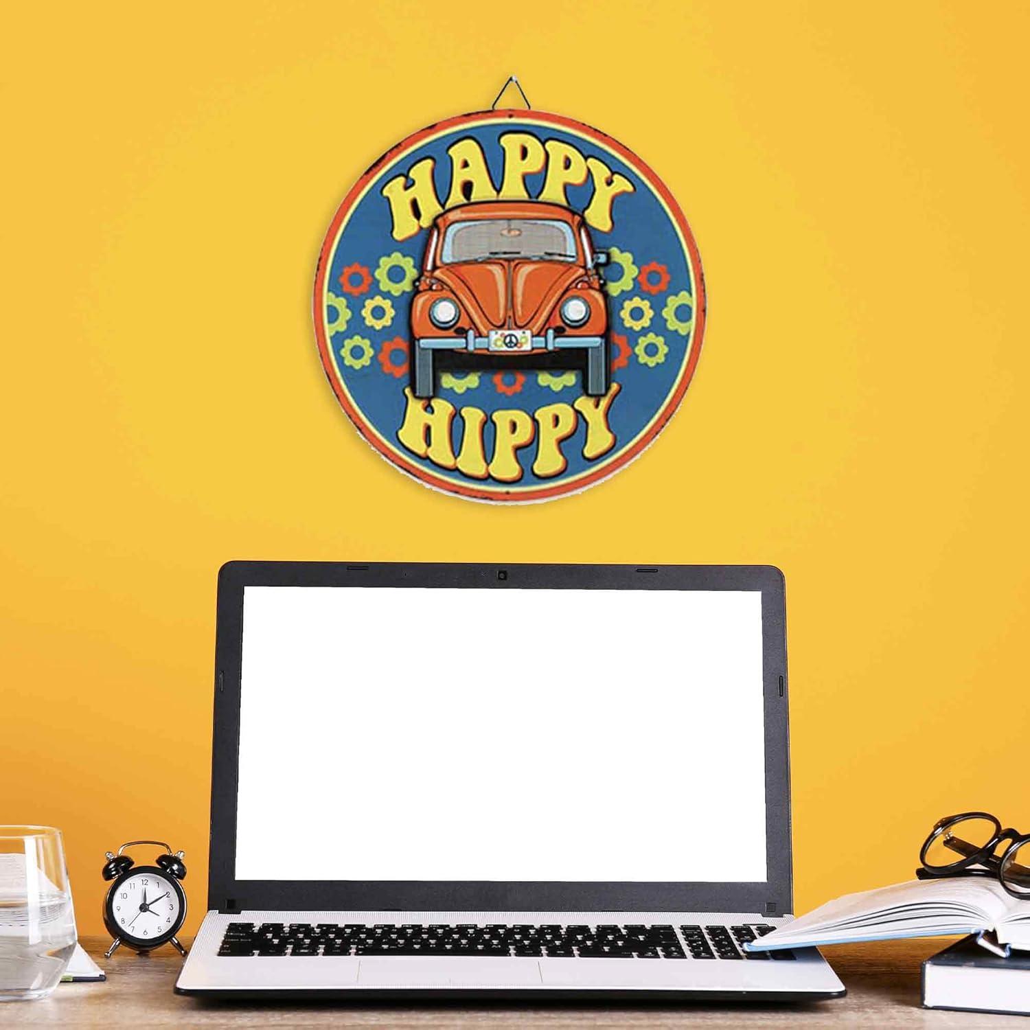 Volkswagen Happy Hippy Round Metal Sign - Fun VW Beetle Sign for Garage or Man Cave
