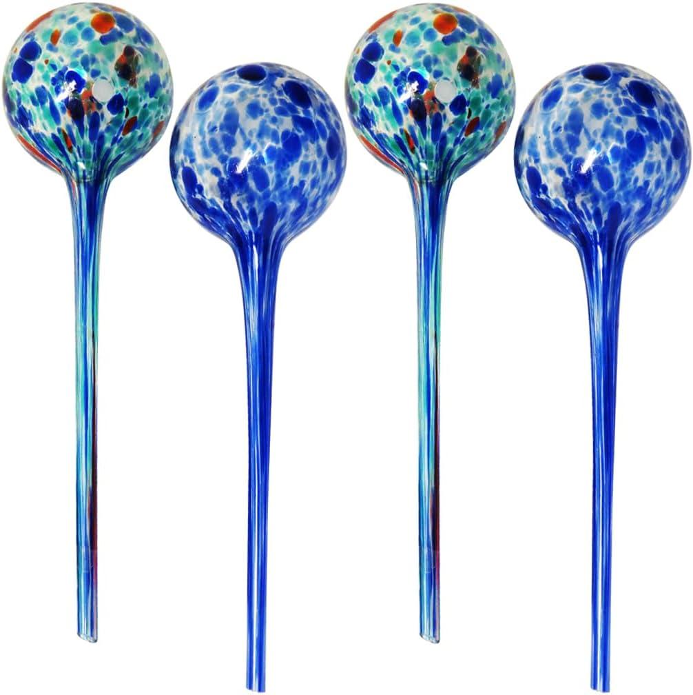 Large Blue and Green Glass Self-Watering Plant Globes, Set of 4