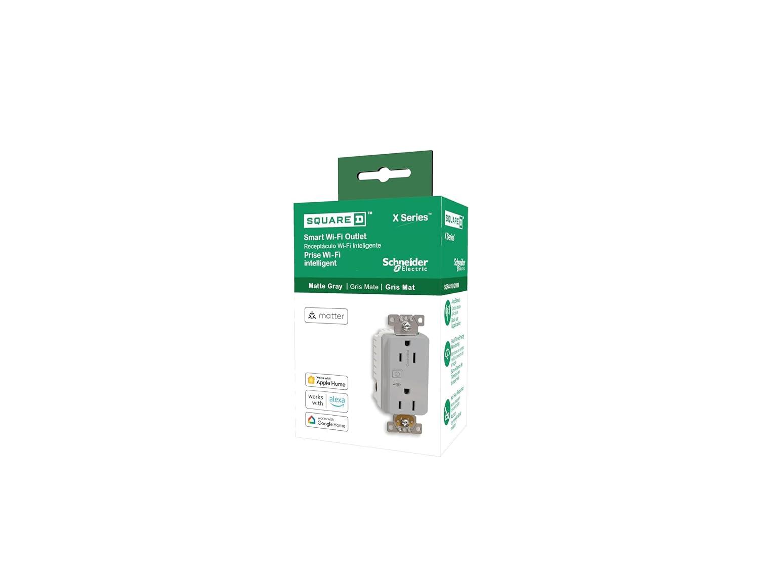 Square D by Schneider Electric X Series 15A 125V Wi-Fi Energy Monitoring Socket Outlet, Tamper Resistant, Needs Neutral Wire, Matter Certified, Compatible with Alexa, Google Home, Apple Home, Grey
