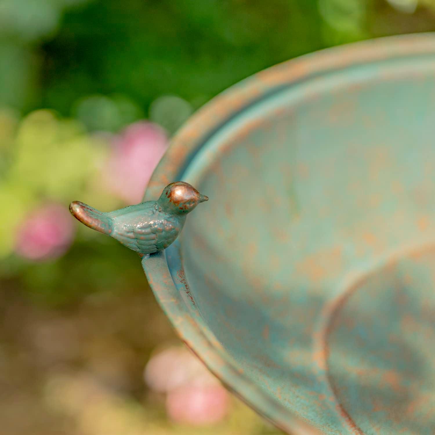 Zaer Ltd. Ornate Pedestal Style Birdbath with Cast Iron Birds on Rim (Bronze)