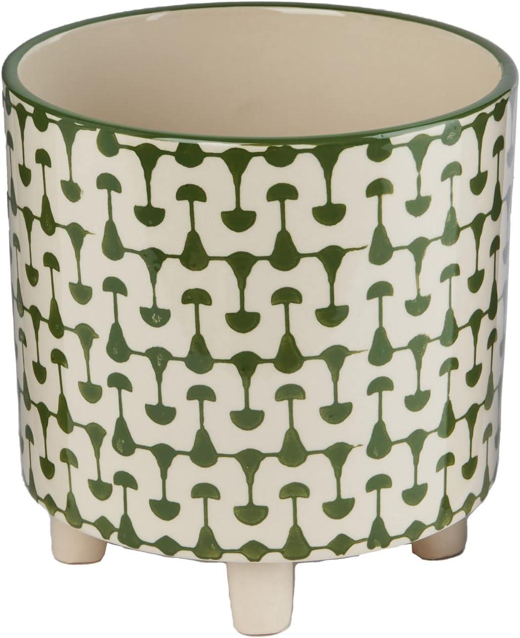 Creative Co-Op Footed Stoneware Planter with Abstract Print, Green and White