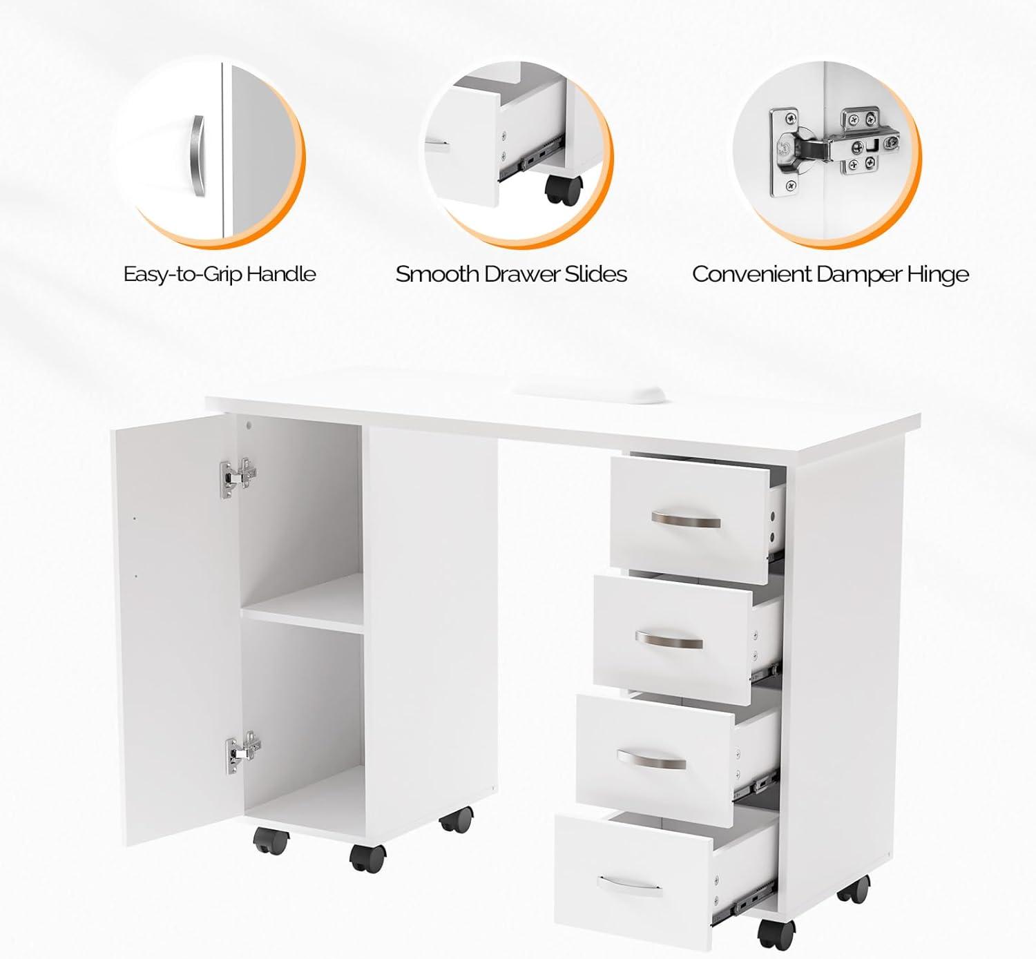 Goujxcy Rolling Nail Table Manicure Table Nail Desk Station, Beauty Salon Nail Station Desk Nail Art Equipment with 4 Drawers & Large Cabinet & Wrist Rest,White