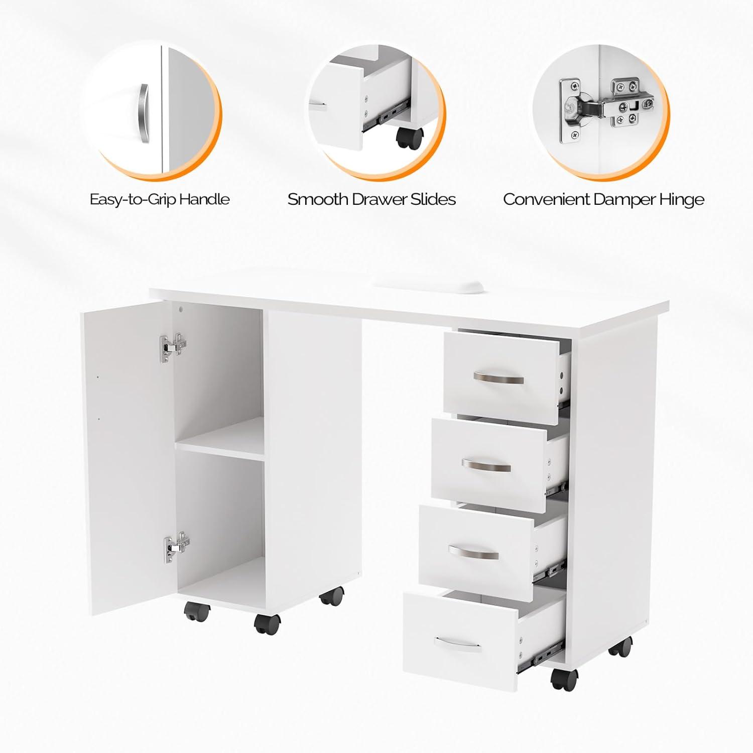 Goujxcy Rolling Nail Table Manicure Table Nail Desk Station, Beauty Salon Nail Station Desk Nail Art Equipment with 4 Drawers & Large Cabinet & Wrist Rest,White