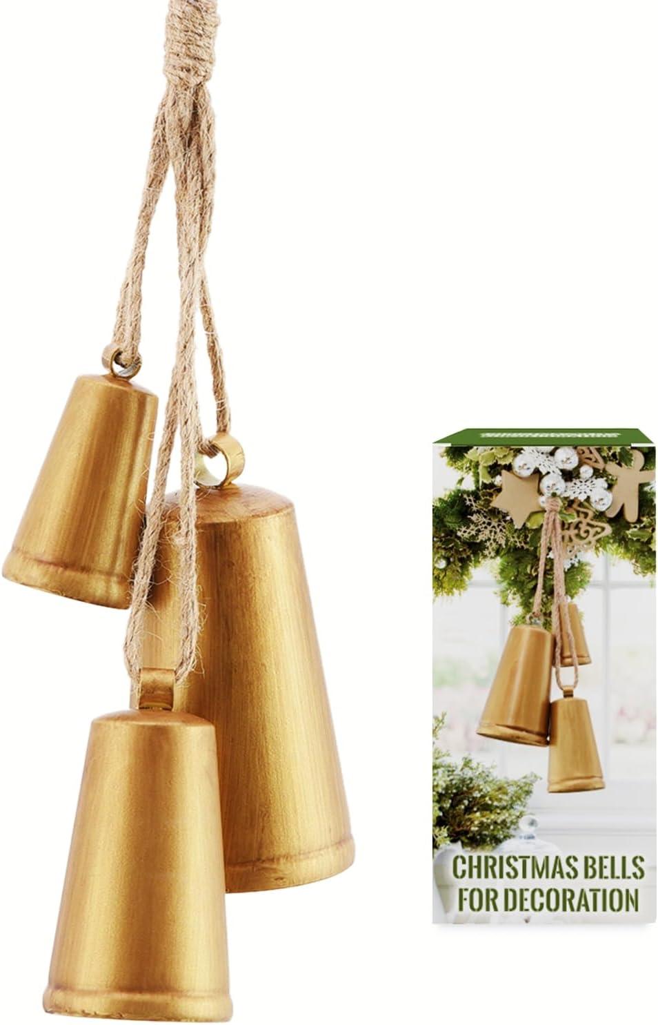 WRKEKC Christmas Decorations Clearance Set Of 3 Christmas Bell Brass Cow Shabby Style Metal Hanging Giant Cow Bells Decor Gold