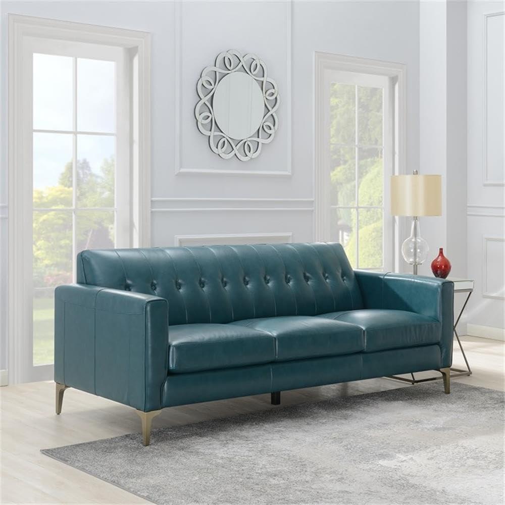 Turquoise Leather Tufted Sofa with Removable Cushions