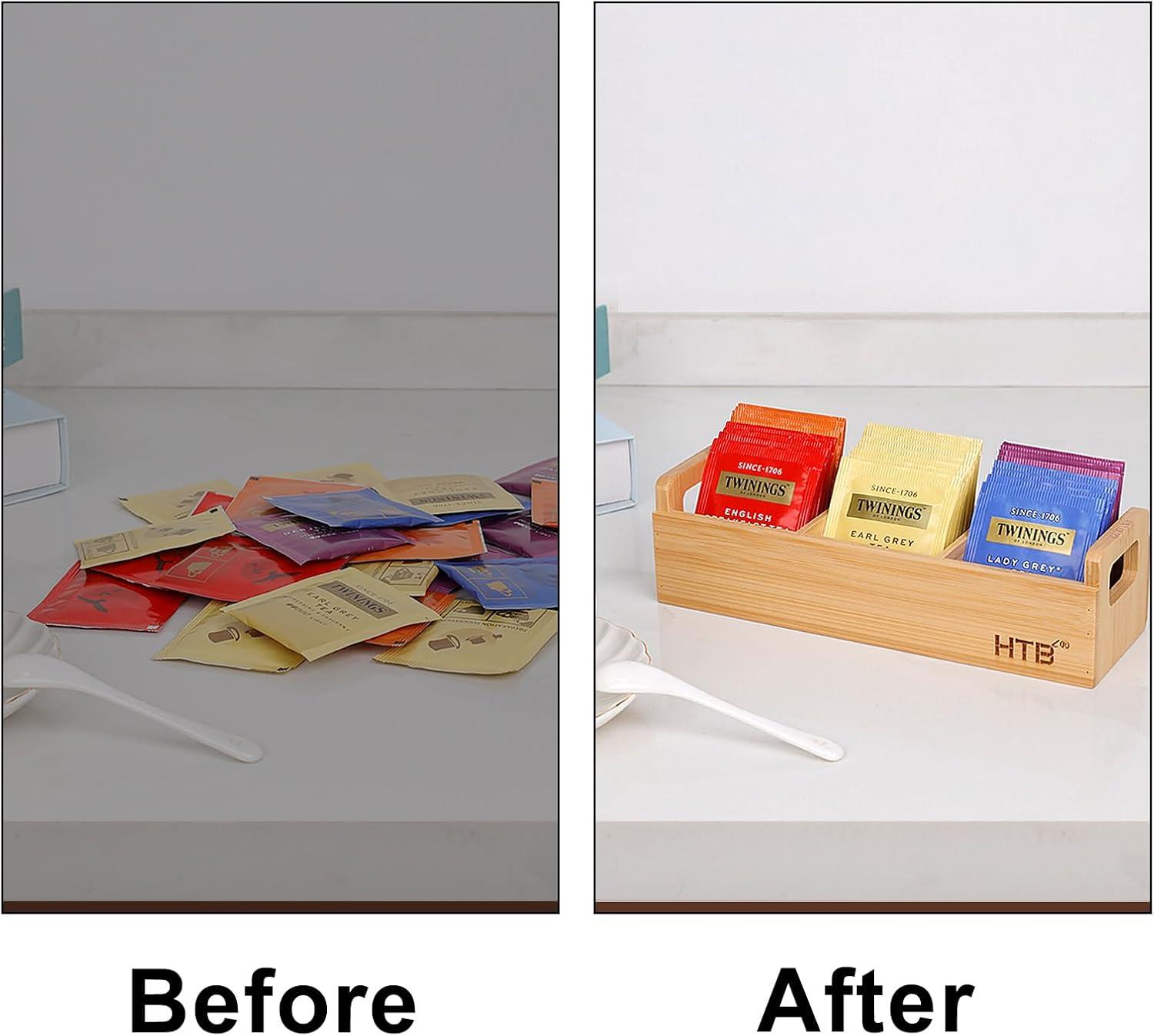 HTB Small Tea Bag Holder Pack of 2, Bamboo Tea Organizer 3 Compartments for Beverage Suppliers, Sweeteners, Individual Packets, Portable Tea Bag Organizer for Home Kitchen Counter or Office