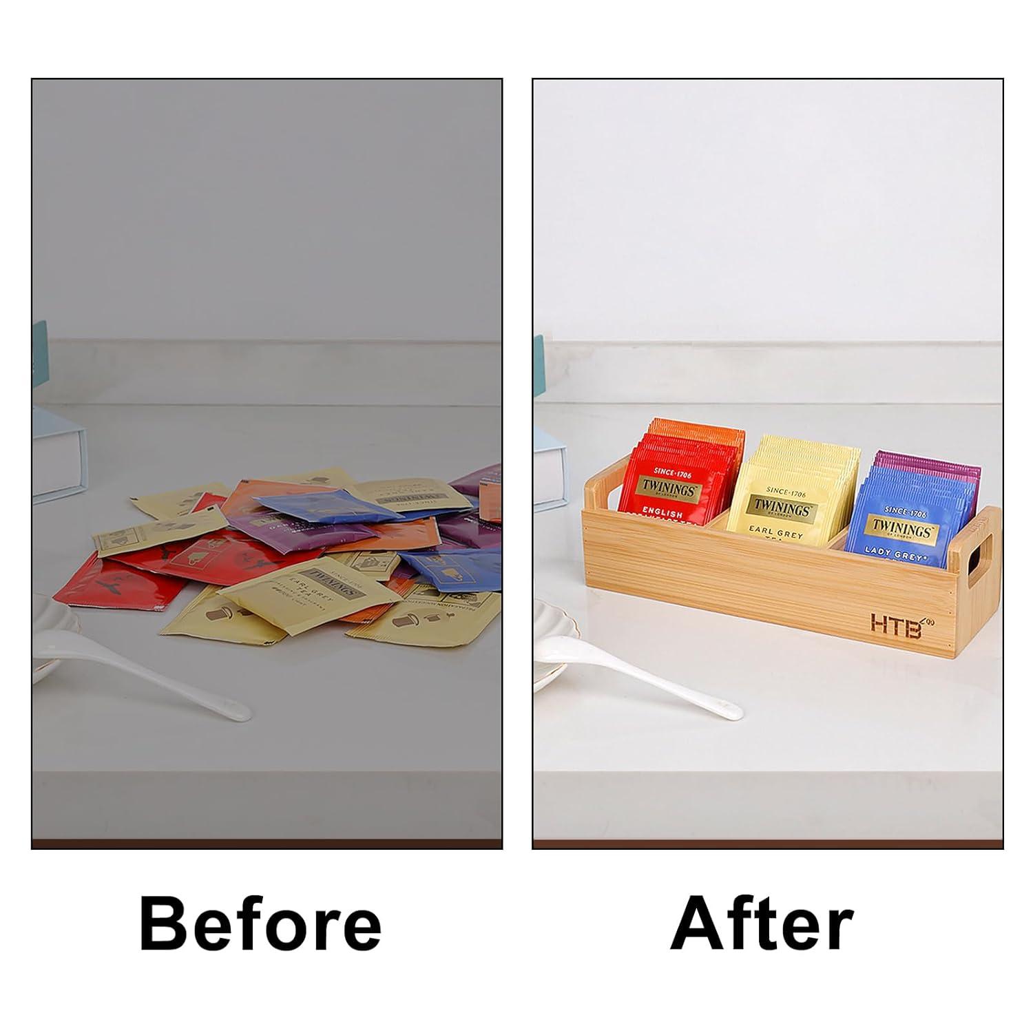 HTB Small Tea Bag Holder Pack of 2, Bamboo Tea Organizer 3 Compartments for Beverage Suppliers, Sweeteners, Individual Packets, Portable Tea Bag Organizer for Home Kitchen Counter or Office