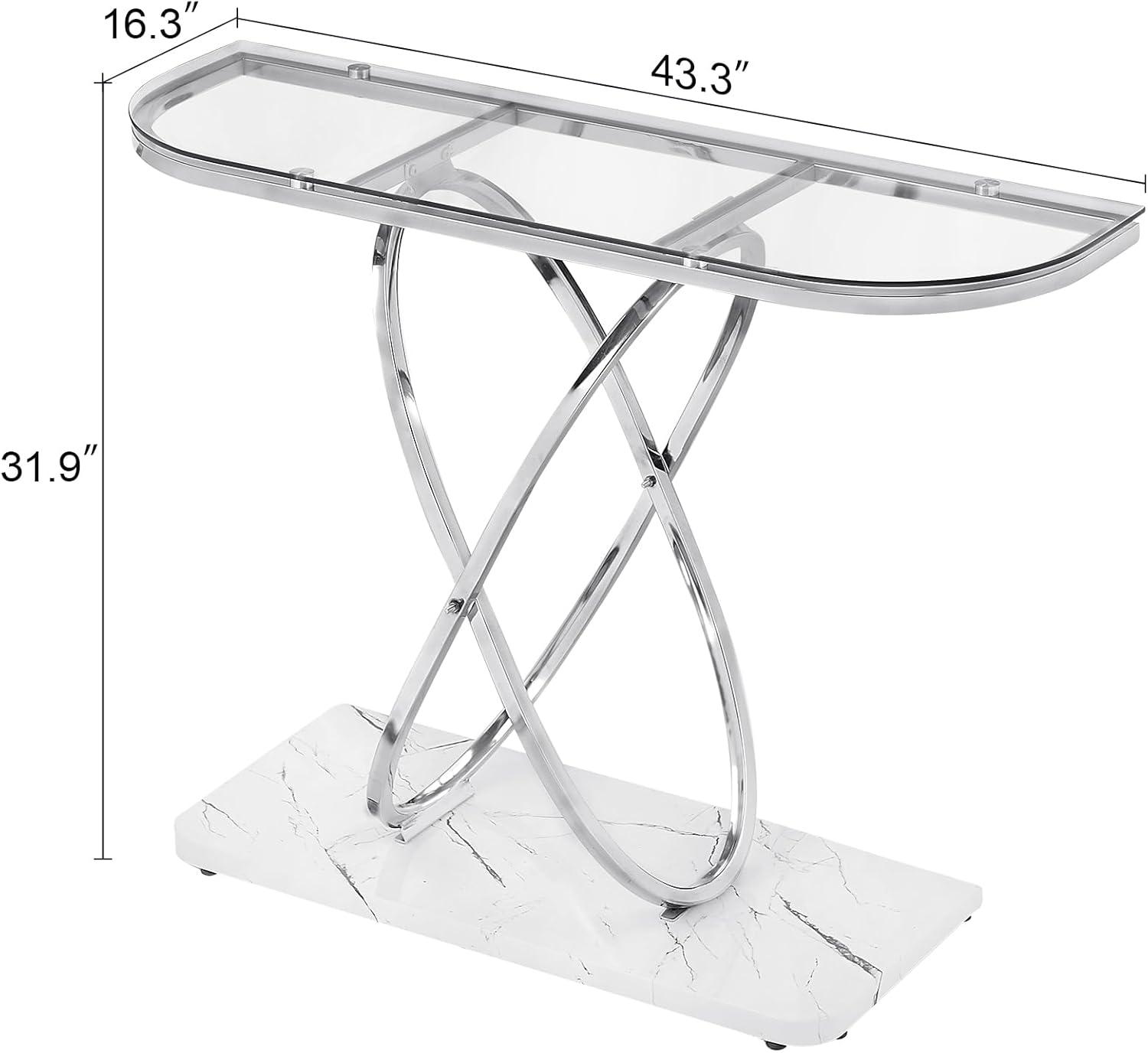 Silver and Clear Glass Console Table with Faux Marble Base