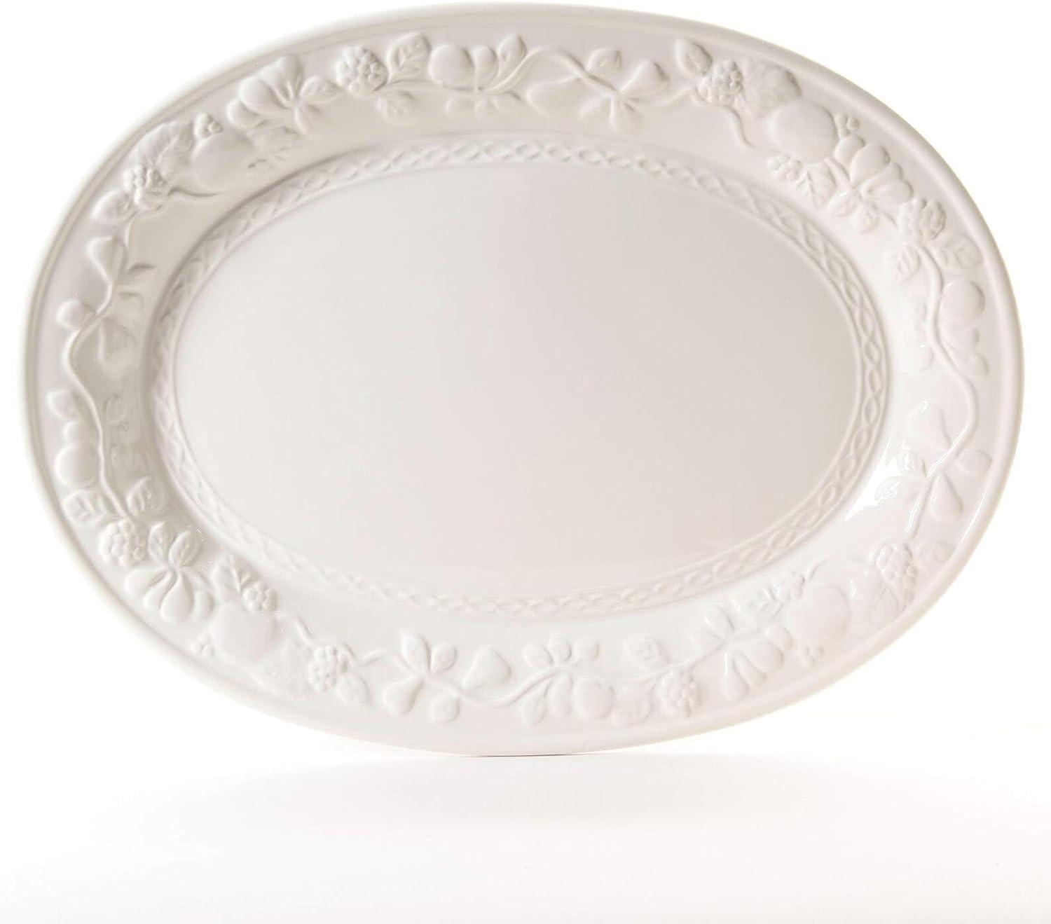 White Ceramic Oval Serving Platter with Embossed Border