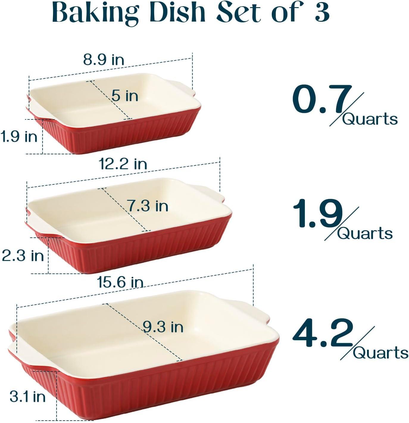 SWEEJAR Rectangular Ceramic Bakeware Set, Non-Stick Roasting Pan with Handles Baking Dishes,Casserole Pans for Cake Dinner, Set of 3 - Red