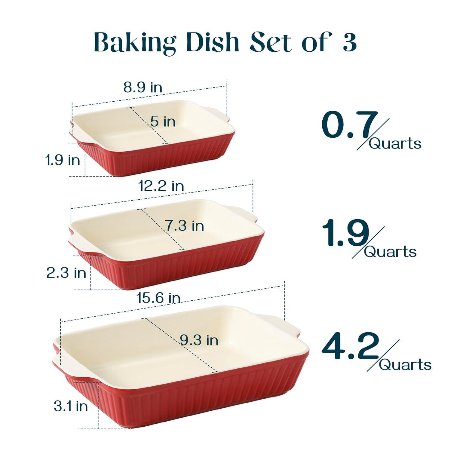 SWEEJAR Rectangular Ceramic Bakeware Set, Non-Stick Roasting Pan with Handles Baking Dishes,Casserole Pans for Cake Dinner, Set of 3 - Red