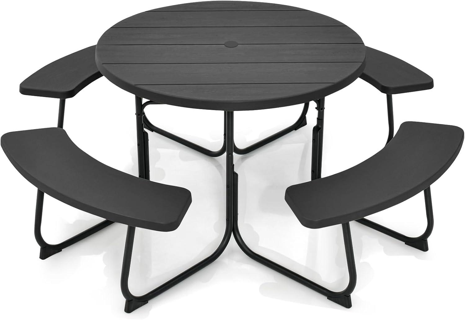 Costway Outdoor 8-person Round Picnic Table Bench Set with 4 Benches & Umbrella Hole Green