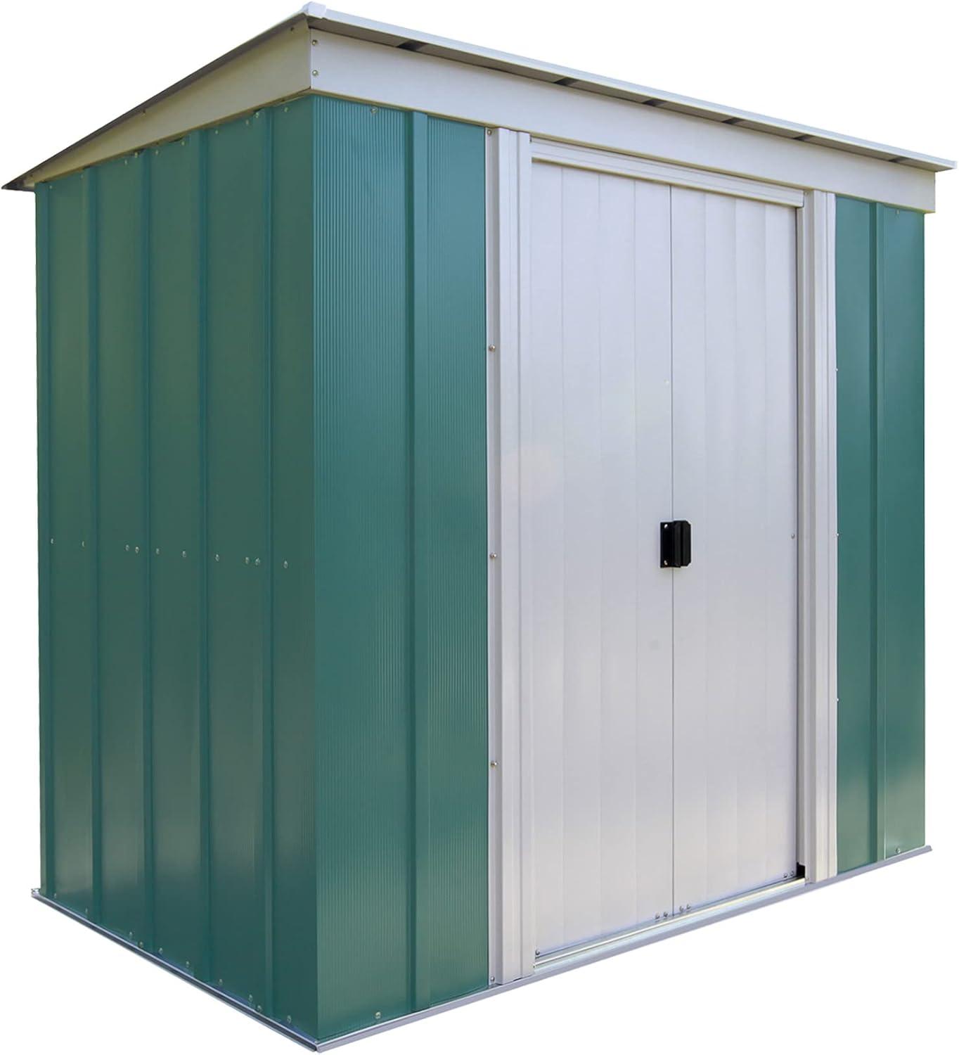 Eggshell and Green Steel Outdoor Storage Shed with Sliding Doors