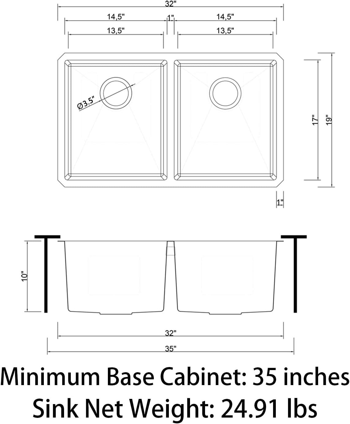 Sinber 32" x 19" Undermount Double Bowl Kitchen Sink with 18 Gauge 304 Stainless Steel Satin Finish