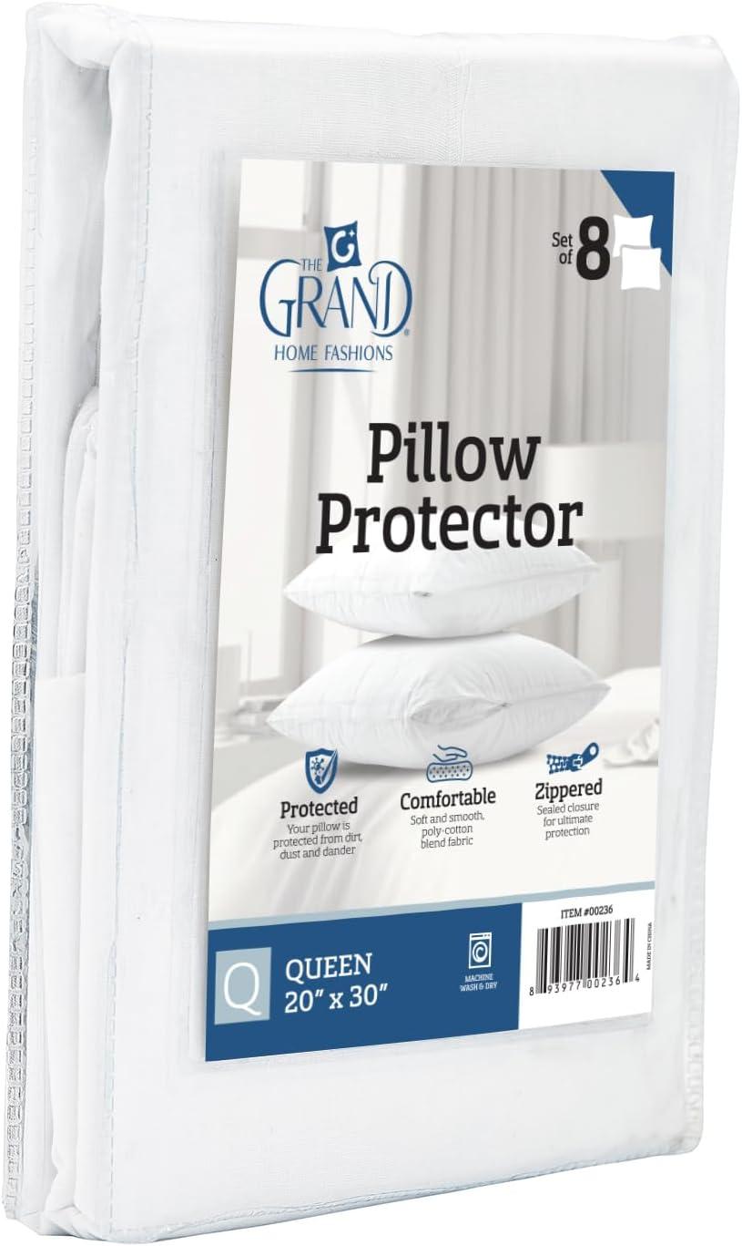 White Hypoallergenic Poly-Cotton Zippered Pillow Protectors, Queen Size