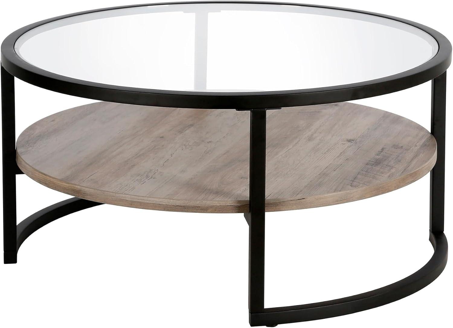 Evelyn&Zoe Winston 34.75" Wide Round Coffee Table, Blackened Bronze/Gray Oak