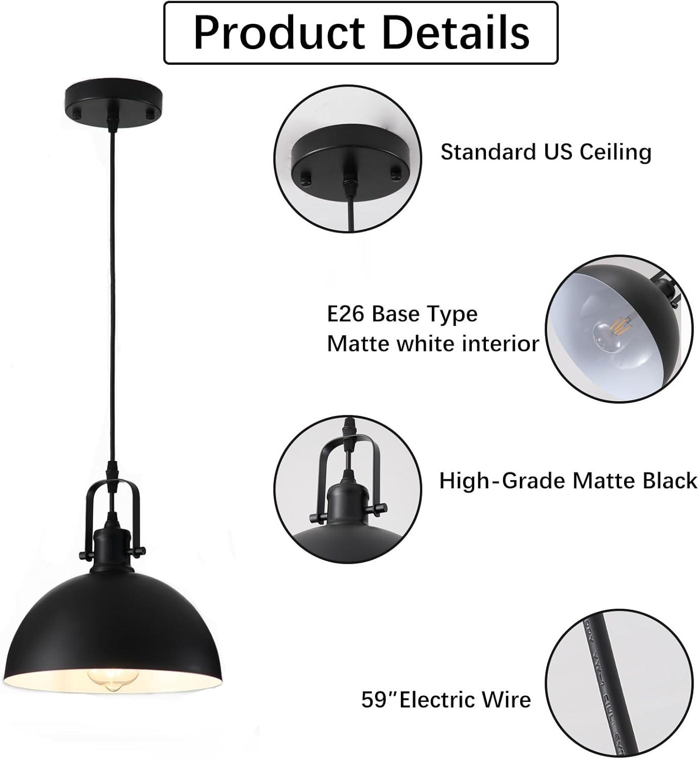 KAYYELAMP 3-Pack Black Metal Shade Hanging Light E26 Black Base Adjustable Height Droplight Retro Design Pendant Light for Kitchen Island Sink Home