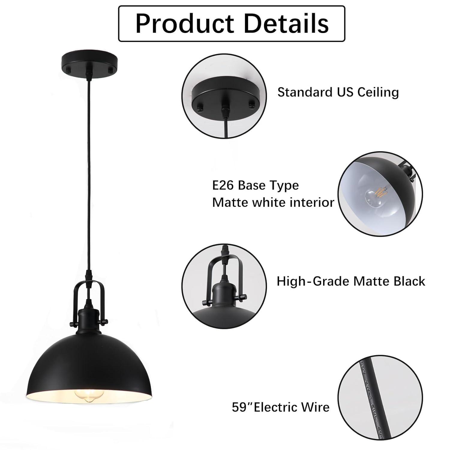KAYYELAMP 3-Pack Black Metal Shade Hanging Light E26 Black Base Adjustable Height Droplight Retro Design Pendant Light for Kitchen Island Sink Home