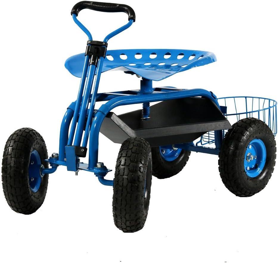Sunnydaze Outdoor Heavy-Duty Steel Rolling Gardening Cart with Extendable Steer Handle, Swivel Chair, Tool Tray, and Basket - Blue