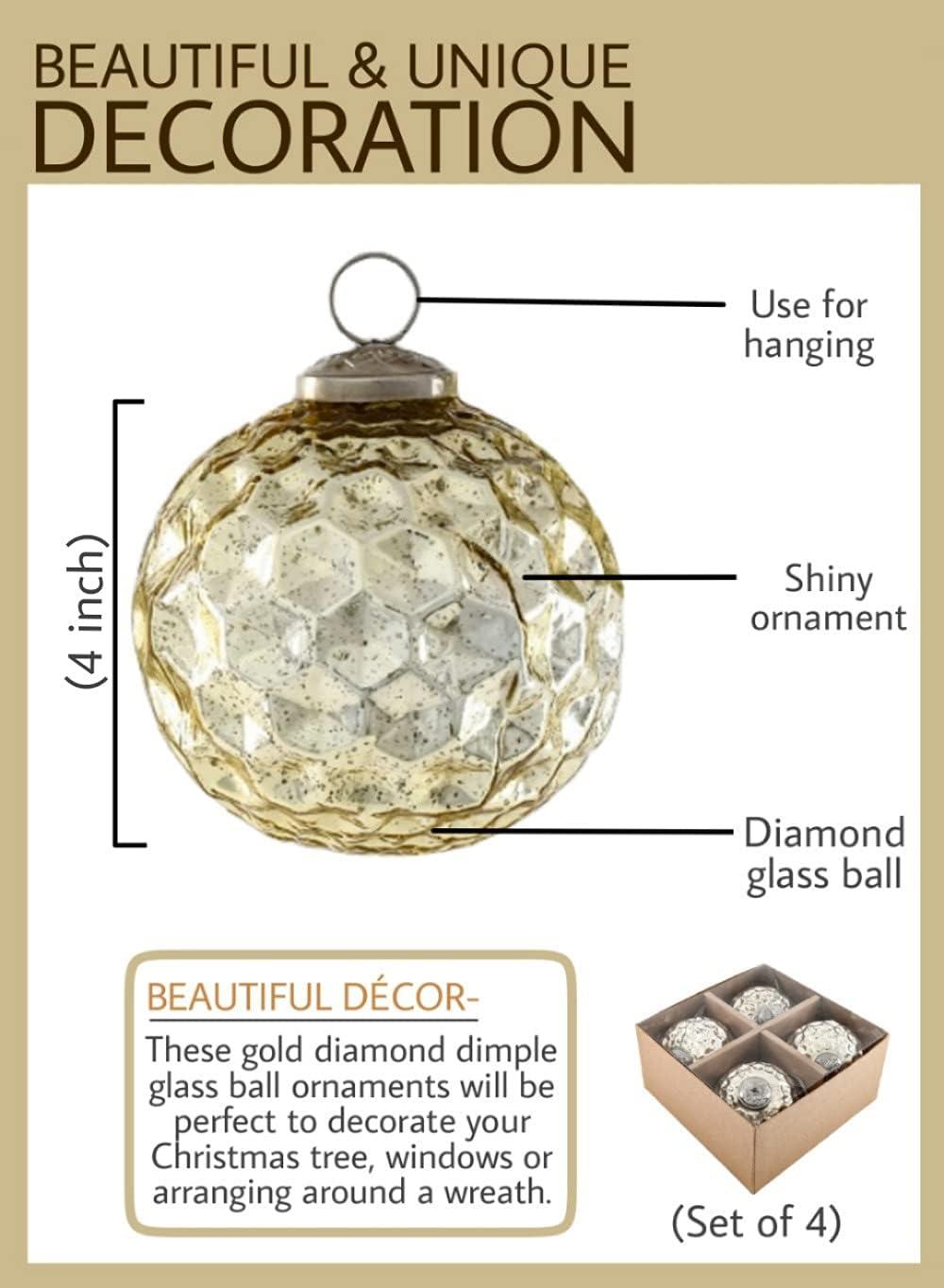 Set of 4 Gold Diamond Dimple Glass Ball Ornaments