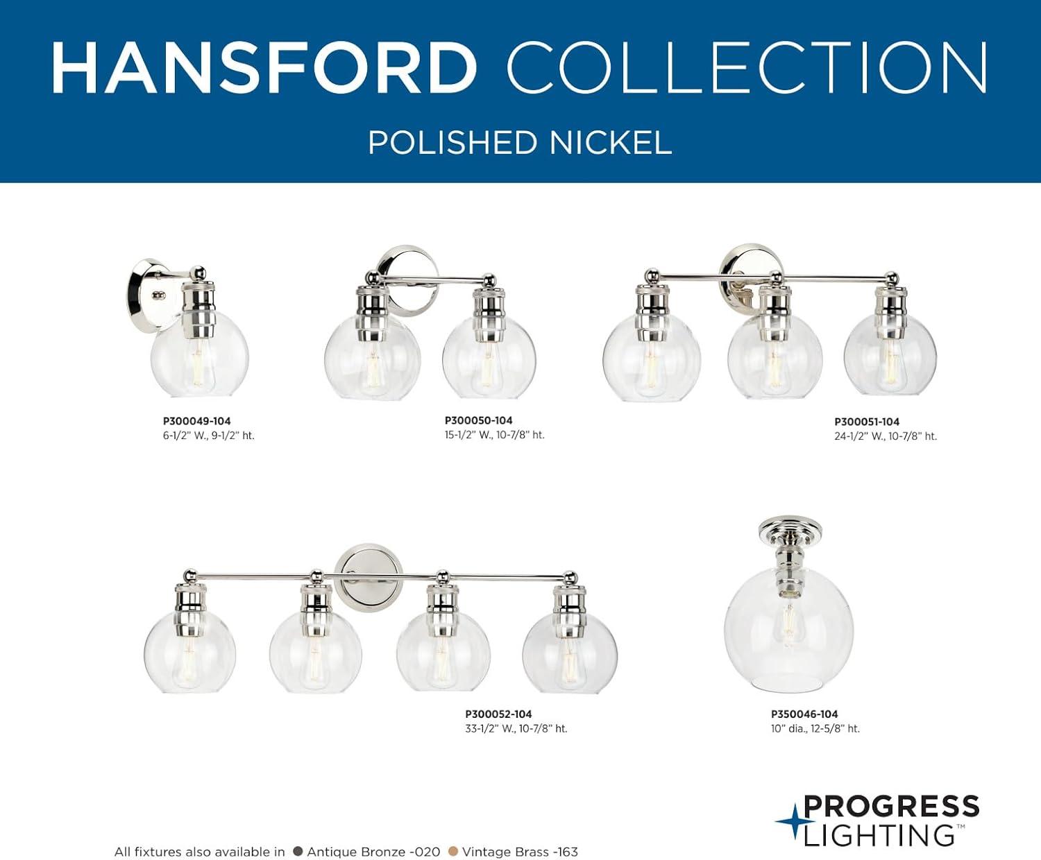 Progress Lighting Hansford 2-Light Bath Vanity Fixture, Polished Nickel, Clear Glass Shade