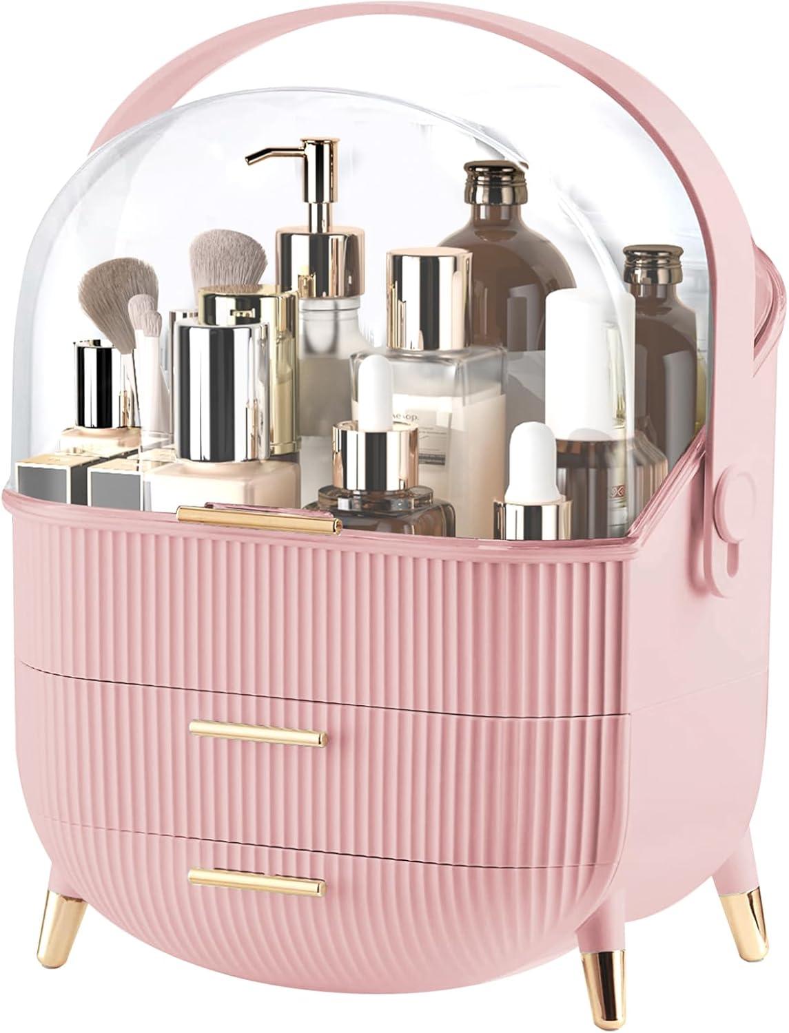 Rebrilliant Makeup Organizers And Storage, Make Up Organizer For Vanity Cosmetics Skincare Organizers With Lid And Drawers Display Cases For Countertop(Pink)