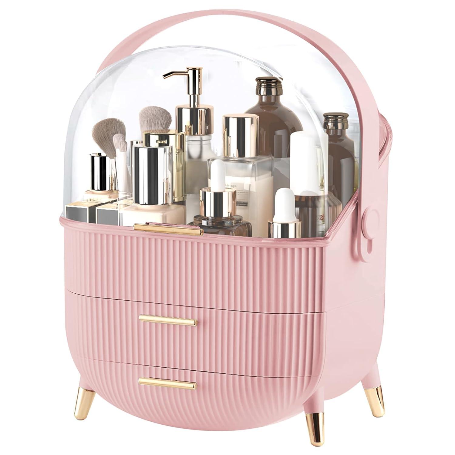 Rebrilliant Makeup Organizers And Storage, Make Up Organizer For Vanity Cosmetics Skincare Organizers With Lid And Drawers Display Cases For Countertop(Pink)