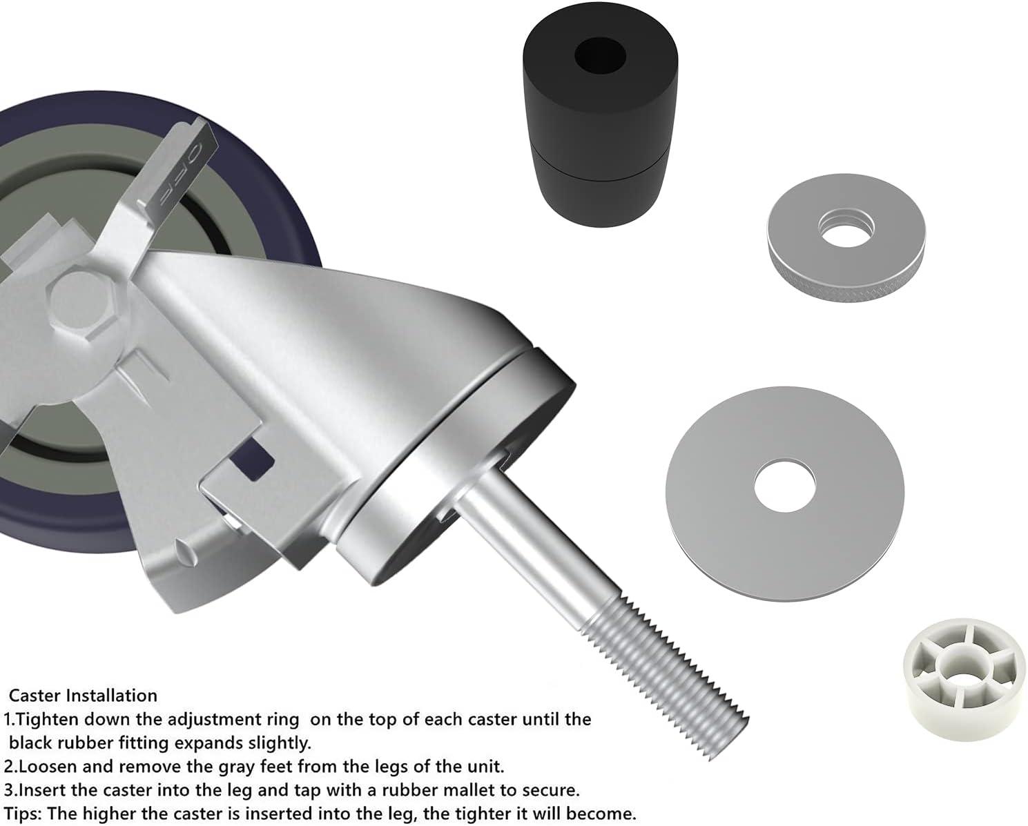 4 inch Prep Table Casters Set of 4 for Commercial Kitchen Prep Tables, Expanding Stem Caster Wheels for Table Legs All with Brake Fit 1-1/2" and 1-5/8" Inner Diameter Leg Tube Adapter Caster