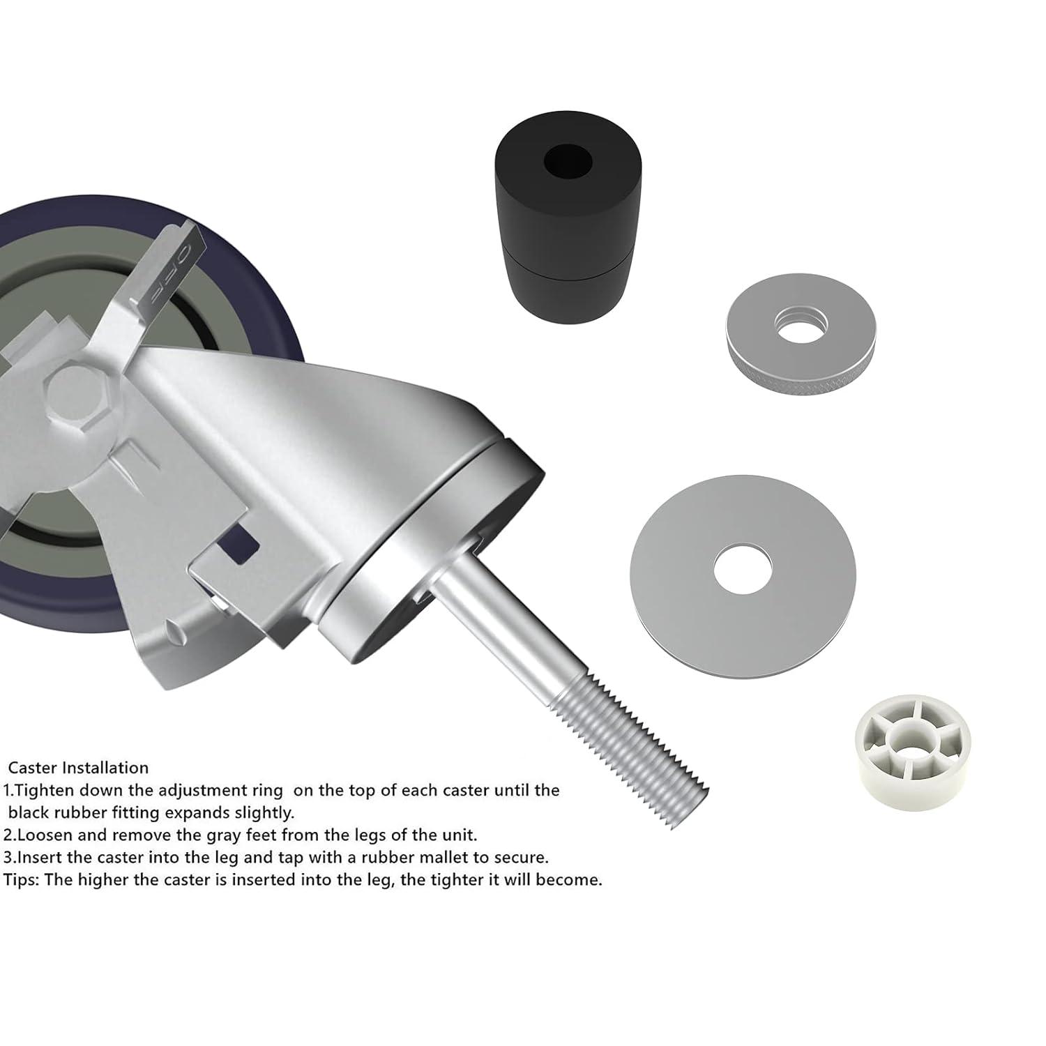 4 inch Prep Table Casters Set of 4 for Commercial Kitchen Prep Tables, Expanding Stem Caster Wheels for Table Legs All with Brake Fit 1-1/2" and 1-5/8" Inner Diameter Leg Tube Adapter Caster