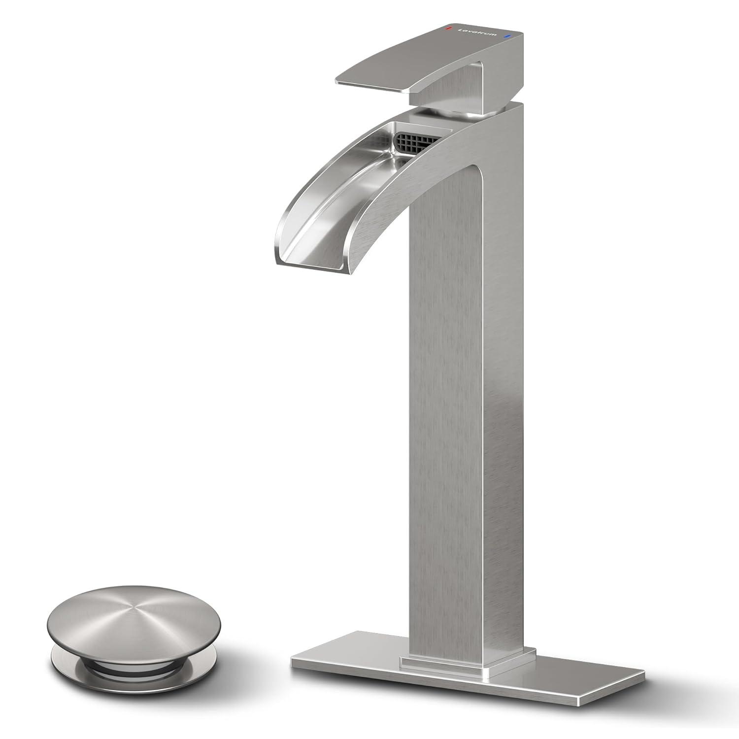 VOTON Vessel Sink Faucet Brushed Nickel Modern Tall Waterfall Bathroom Sink Faucet Single Handle Bathroom Faucet 1 Hole Bowl Lavatory Vanity Faucet, Rv Sink Camper Farmhouse Bathroom Faucet